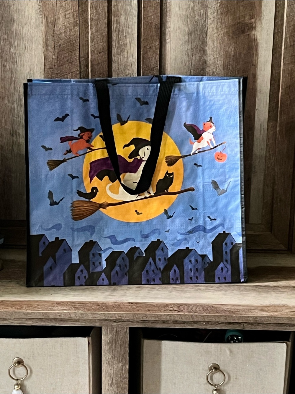 Reusable Halloween Tote Bag Golden Retriever and cats on witches brooms